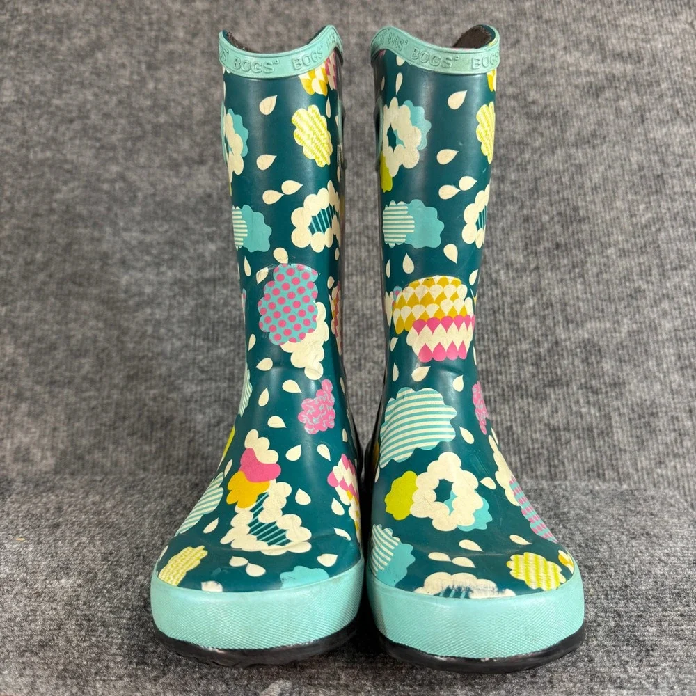 Bogs Rainit Clouds Teal Green Waterproof Rain Boots Youth Size 3 72379-440